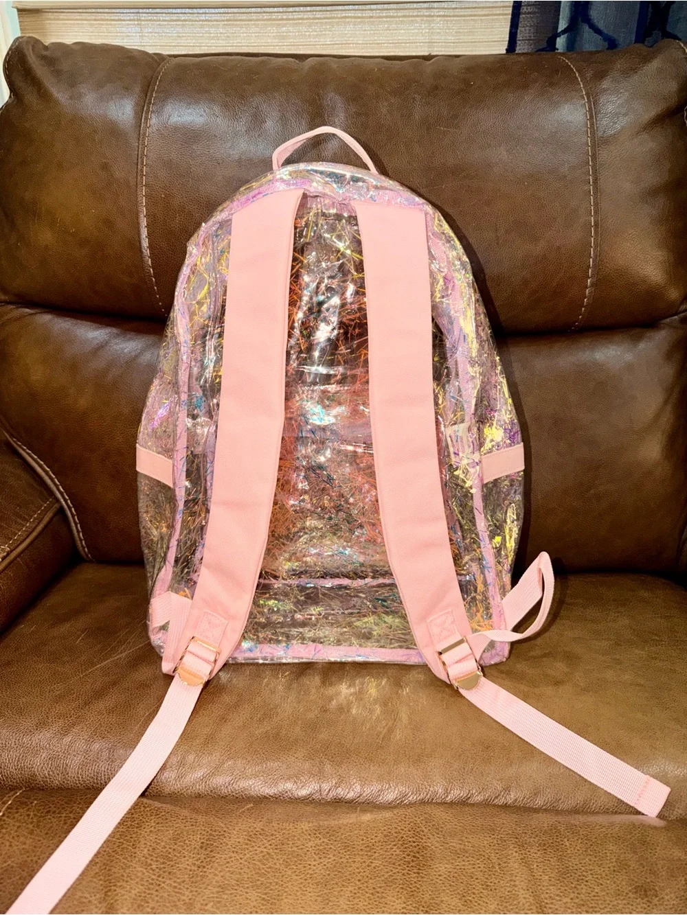 cheeky plum Holographic Clear Backpack with Pink Trim and Gold Hardware